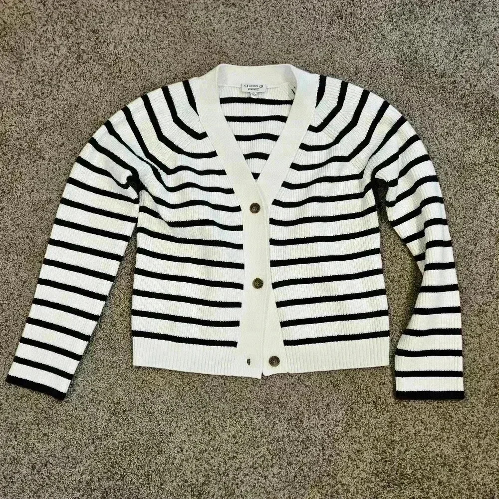 Studio B Brand Navy & White Striped Nautical Style Cardigan Sweater, Size Medium